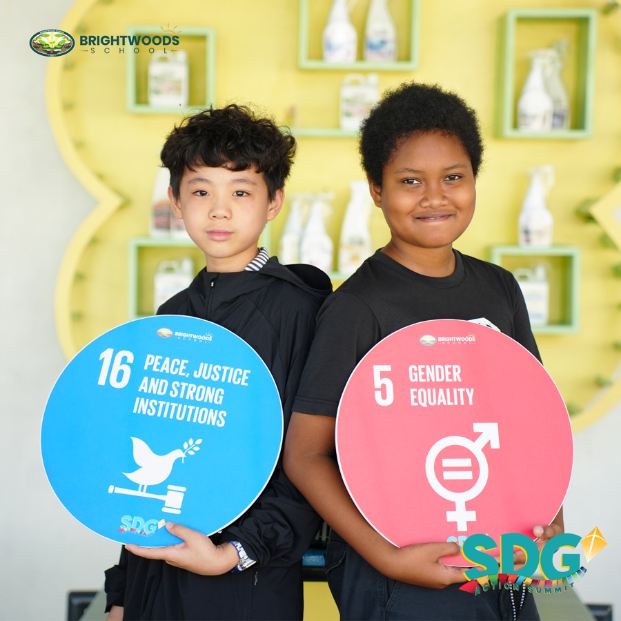 A Brightwoods student with the Sustainable Development Goals at the SDG Action Summit