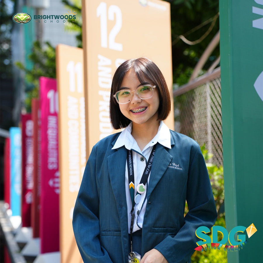 A Brightwoods student with the Sustainable Development Goals at the SDG Action Summit